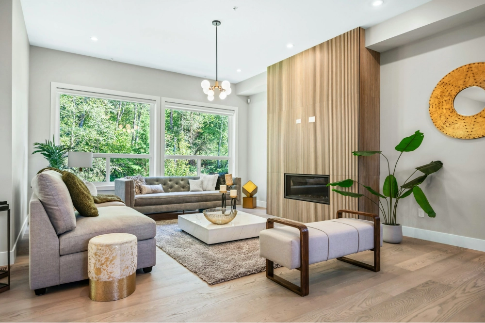 Bright modern living room with large windows and energy-efficient design