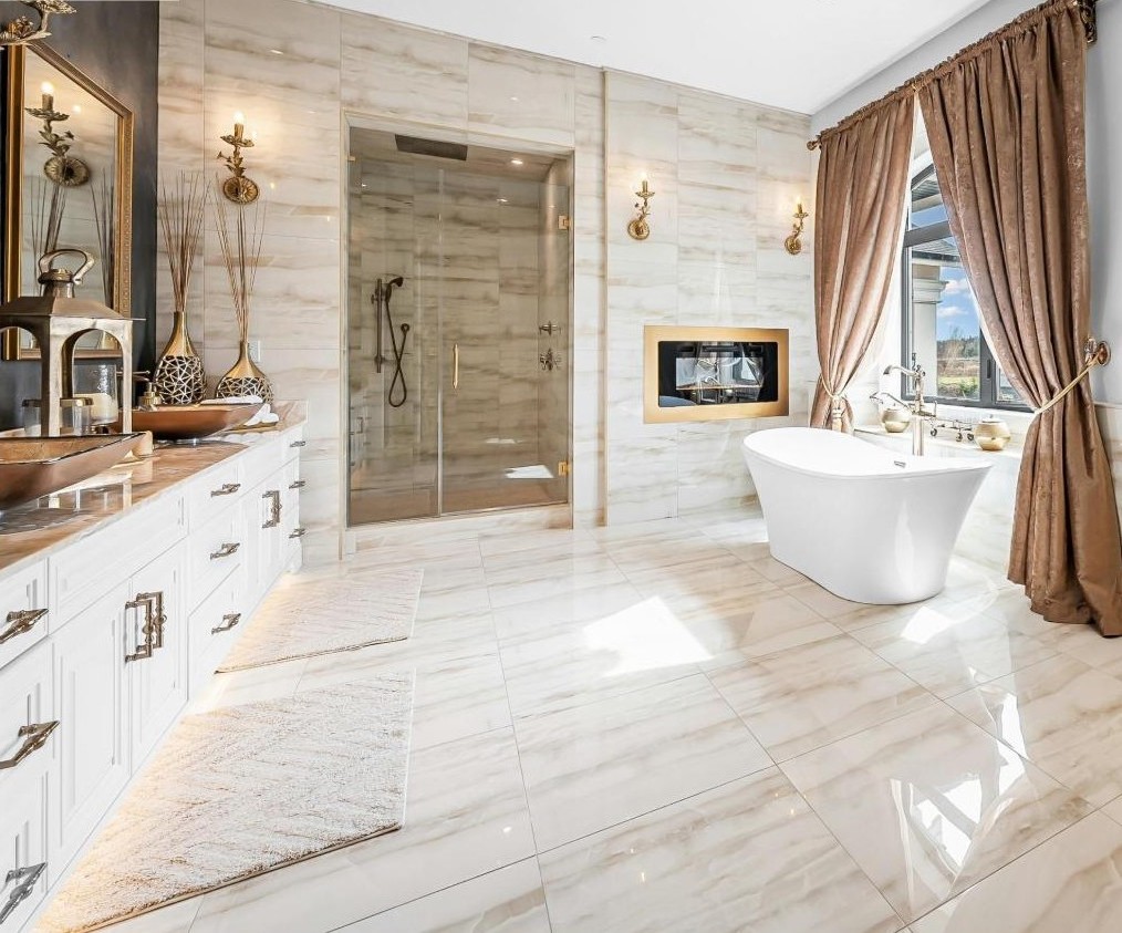 Luxury bathroom with freestanding tub and premium finishes